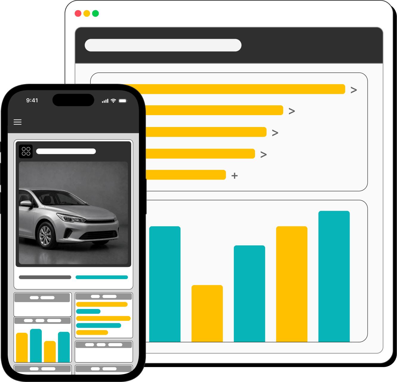 Car sales analytics on mobile phone and desktop screen